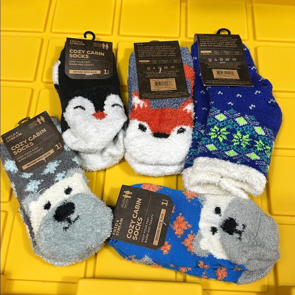 Bundle of 5 Boy Cozy Cabin Youth Socks Gripper Winter Non‎ Slip Thick Warm Gift